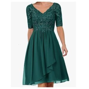 Elegant Teal Green Embroidered V-Neck Midi Dress